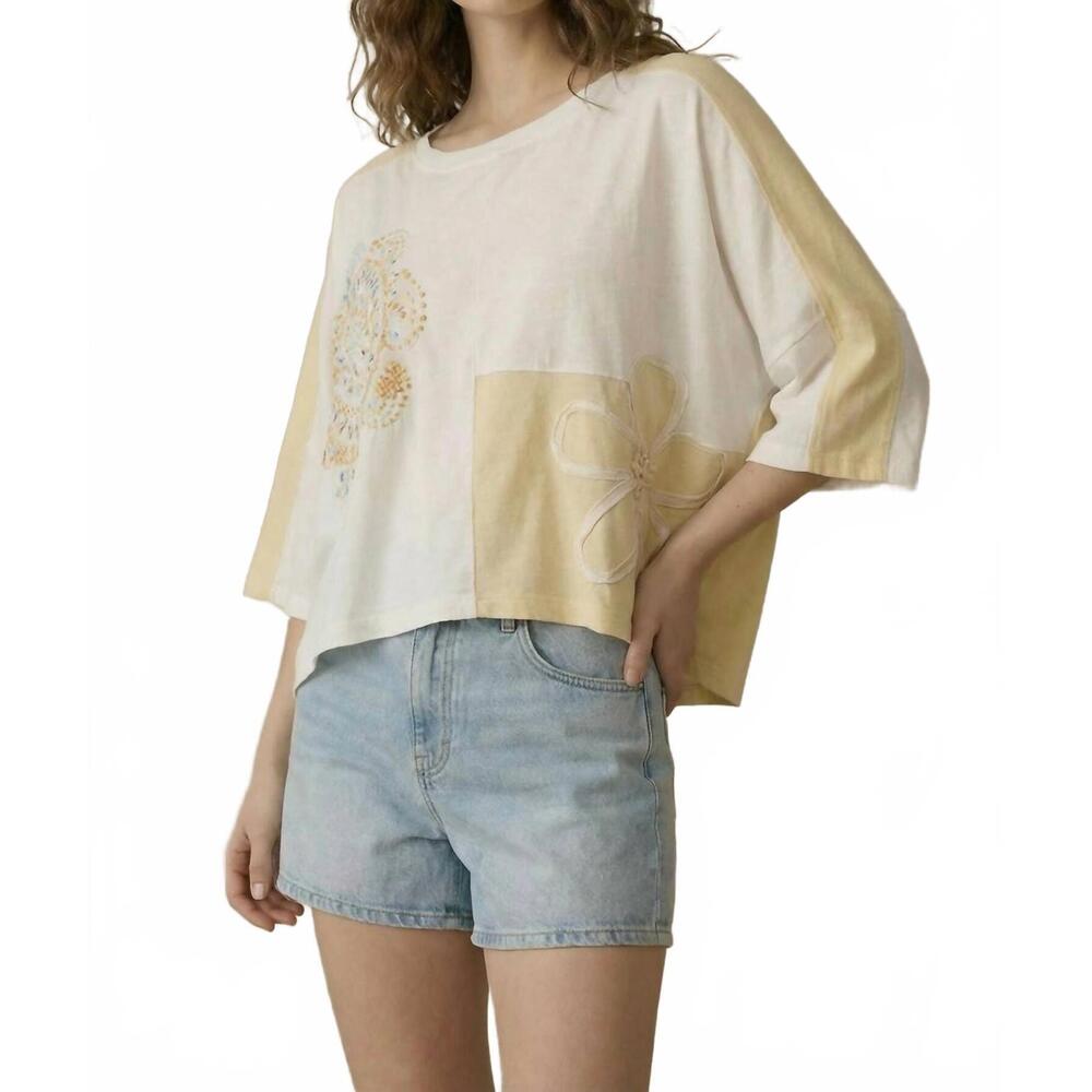 NEW MELLO oversized embroidered crochet patch work top in cream
